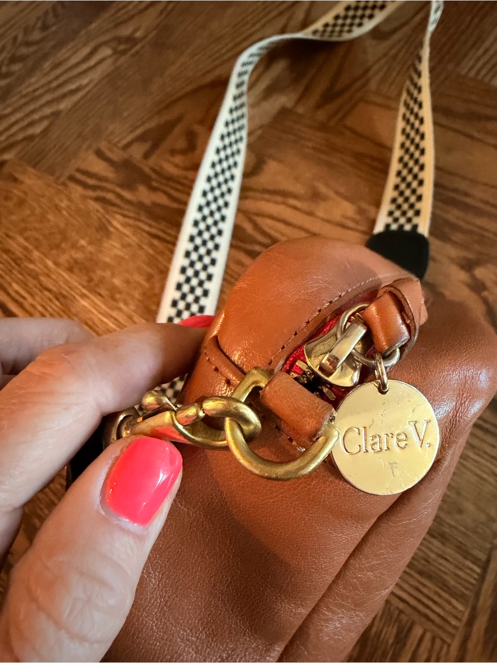 Clare V Midi Sac in Tan with Stripes and Checkered Crossbody Strap - Picture 5 of 12